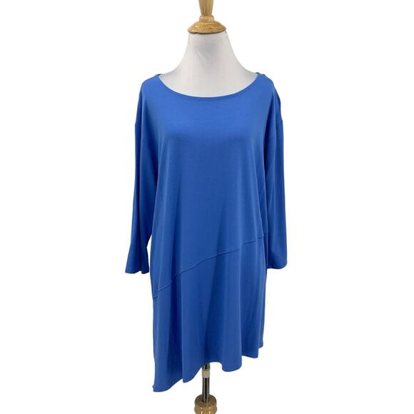 Eileen Fisher Tunic Top Womens L Large Blue Asymmetric Hem Jersey Knit Stretch - Picture 1 of 12